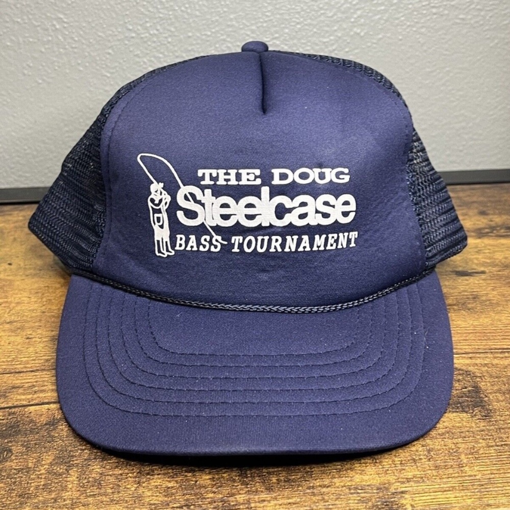 Vintage The Doug Steelcase Celebrity Bass Tournament Trucker Hat Mesh Cap Blue